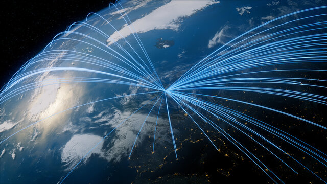 Earth In Space. Blue Lines Connect Dublin, Ireland With Cities Across The World. International Travel Or Business Concept.