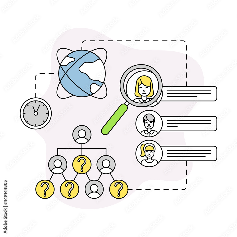 Poster business and start-up development with employee searching and globe vector line composition