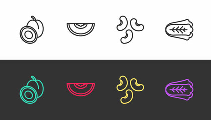 Set line Plum fruit, Melon, Beans and Cabbage on black and white. Vector