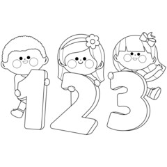 Children students with numbers. Vector black and white coloring page