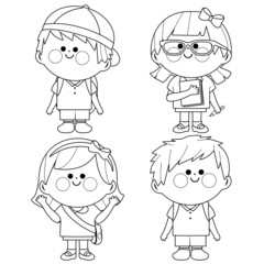 Little children students. Vector black and white coloring page.