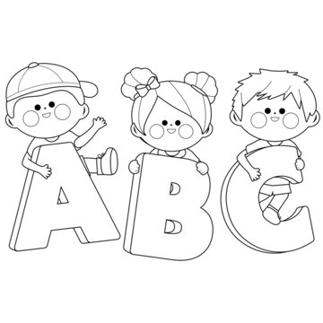 Children with letters. Vector black and white coloring page.