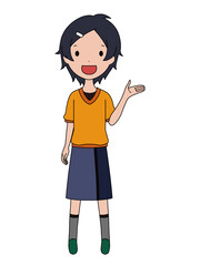 案内をしている笑顔の女の子の全身イラスト