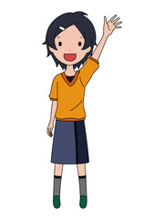 手を挙げている笑顔の女の子の全身イラスト