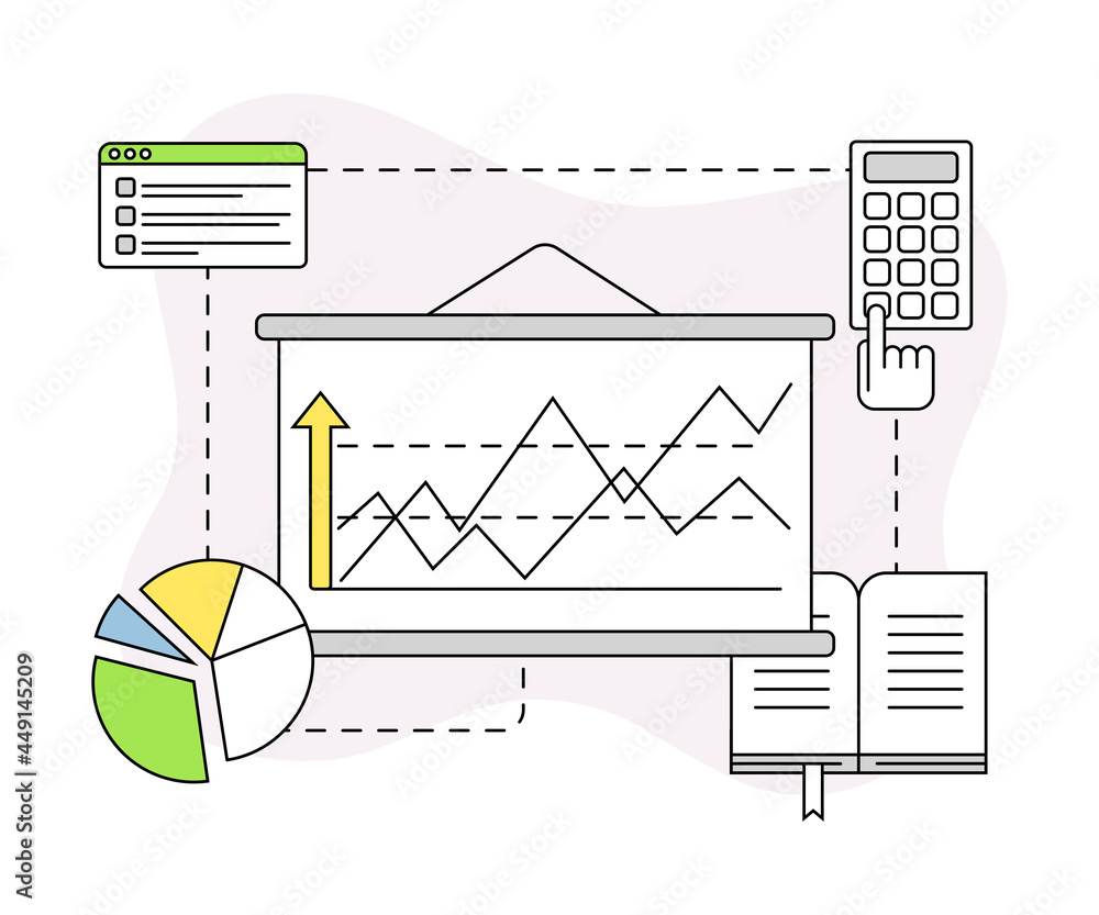 Poster business and start-up development with profit chart and calculator vector line composition