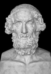 Gypsum copy of ancient statue Homer head on dark textured background. Plaster sculpture man face