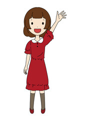 手を挙げている笑顔の女の子の全身イラスト