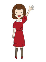 手を挙げている笑顔の女の子の全身イラスト