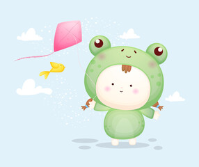 Cute baby in frog costume playing kites. Mascot cartoon illustration Premium Vector