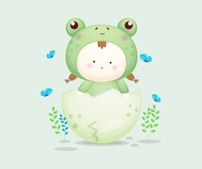 Cute baby in frog costume with colorful egg. Mascot cartoon illustration Premium Vector