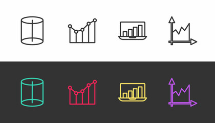 Set line Geometric figure, Graph, schedule, chart, diagram, Laptop with graph and on black and white. Vector