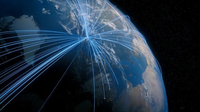 Earth in Space. Blue Lines connect Oslo, Norway with Cities across the World. International Travel or Networking Concept.