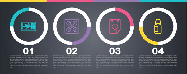 Set line Monitor with cardiogram, Pills in blister pack, Doctor appointment and Eye drop bottle. Business infographic template. Vector