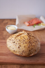 homemade bread. The sourdough bread. Side View. Wooden and white background. rustic.