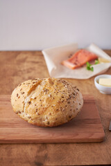 homemade bread. The sourdough bread. Side View. Wooden and white background. rustic.