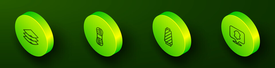 Set Isometric line Layers clothing textile, Yarn, Sewing thread on spool and Leather icon. Vector