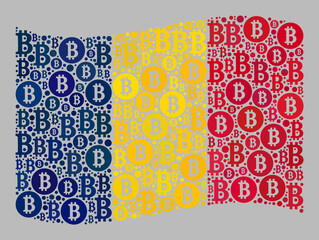 Mosaic bitcoin waving Chad flag constructed of bitcoin icons. Vector mosaic waving Chad flag combined for crypto-currency purposes. Chad flag collage is constructed of random crypto-currency icons.