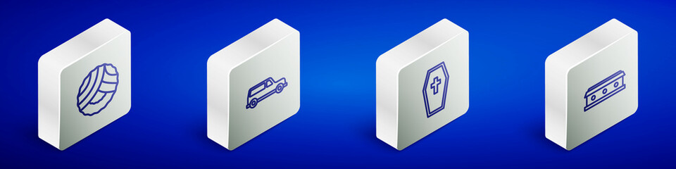 Set Isometric line Memorial wreath, Hearse car, Coffin with cross and icon. Vector