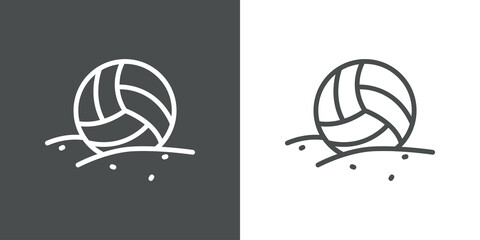 Icono plano pelota de voleibol en la arena de playa con lineas en fondo gris y fondo blanco
