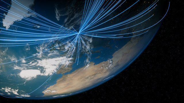 Earth in Space. Blue Lines connect Copenhagen, Denmark with Cities across the World. Global Travel or Communication Concept.