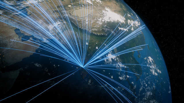 Earth in Space. Blue Lines connect Bangalore, India with Cities across the World. International Travel or Networking Concept.