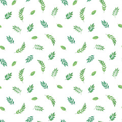Green leaves in randomly arranged order seamless floral pattern hand drawn botanical watercolor illustration, simple greenery ornament for textile, gift paper, eco-friendly holiday  or home decor