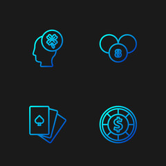 Obraz premium Set line Casino chips, Deck of playing cards, slot machine with clover and Lottery ball on bingo. Gradient color icons. Vector