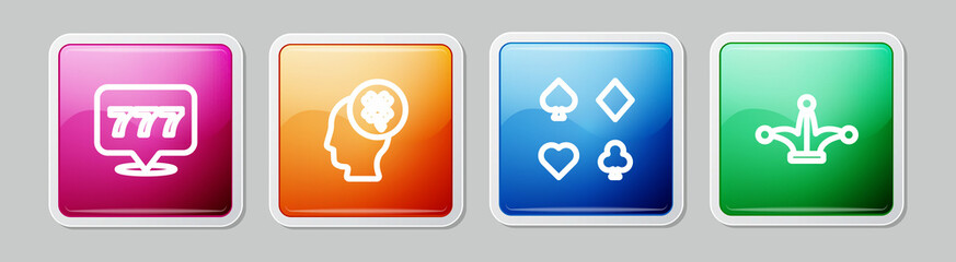 Set line Slot machine with jackpot, Casino slot clover, Deck of playing cards and Joker. Colorful square button. Vector