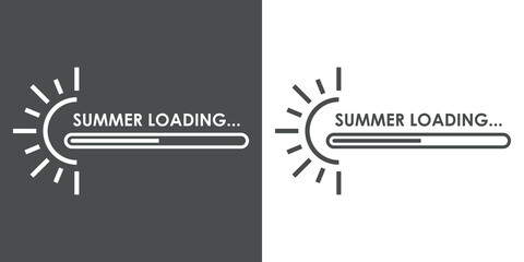 Logotipo con texto Summer Loading con sol y barra de progreso con lineas en fondo gris y fondo blanco