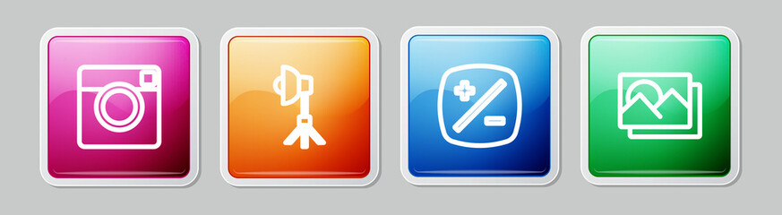 Set line Photo camera, Softbox light, Exposure compensation and frame. Colorful square button. Vector
