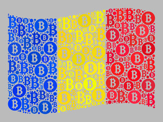 Mosaic bitcoin waving Romania flag constructed with bitcoin icons. Vector mosaic waving Romania flag constructed for e- business advertisement. Romania flag collage is done with random bit coin parts.