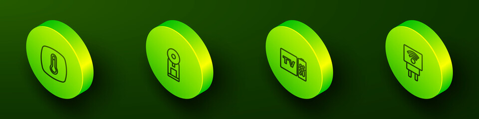 Set Isometric line Thermostat, Smart coffee machine, Multimedia and TV box receiver and electric plug icon. Vector