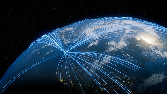 Earth in Space. Blue Lines connect Vancouver, Canada with Cities across the World. Worldwide Travel or Business Concept.
