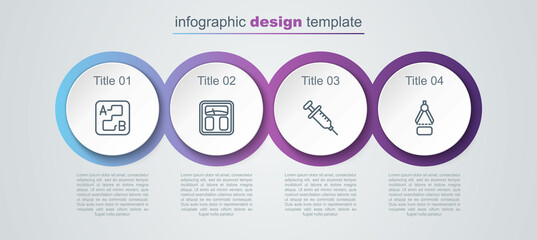 Set line Route location, Bathroom scales, Syringe and Drawing compass. Business infographic template. Vector