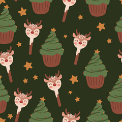 Merry christmas cute tree cupcake food dessert, cake pop, seamless pattern for fabric, linen, textiles and wallpaper