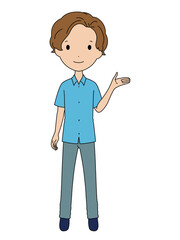 案内をしている笑顔の男の子の全身イラスト