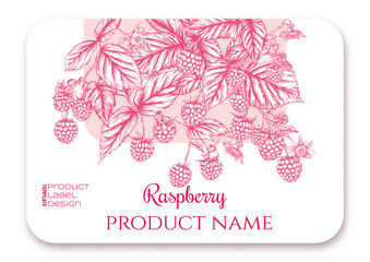 Raspberry. Ripe berries on branch. Template for product label, cosmetic packaging. Easy to edit. Graphic drawing, engraving style. Vector illustration..