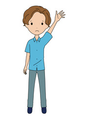 手を挙げている悩んだ表情の男の子の全身イラスト