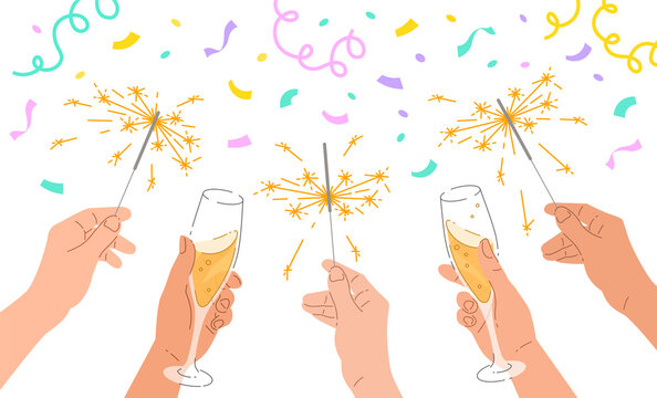 Human hands with champagne glasses and sparklers on confetti background. Celebration of New Year, birthday, anniversary or business success. Group of people celebrating event. Cartoon colorful banner