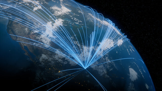 Earth in Space. Blue Lines connect Cancun, Mexico with Cities across the World. International Travel or Networking Concept.