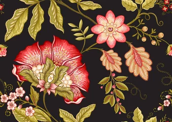 Fotobehang Seamless pattern with stylized ornamental flowers in retro, vintage style. Jacobin embroidery. Colored vector illustration isolated on black background. © Elen  Lane
