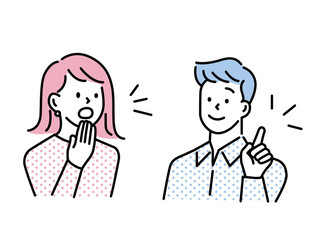 驚く男女のイラスト(困る、悩み、考える、問題、理解する、調べる、発見、疑問、解決、？) Surprising illustrations of men and women. Trouble, worry, think, problem, understand, investigate, discover, question, solve.