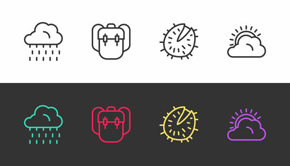 Set line Cloud with rain, School backpack, Chestnut and Sun and cloud weather on black and white. Vector