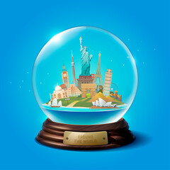 Naklejka premium The glass ball with landmarks.Travel to World. Road trip. Tourism. The glass ball with landmarks. Travelling vector illustration. Famous attractions. Modern flat design.