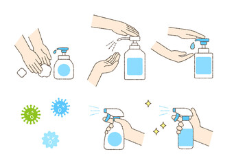 感染症対策　予防　消毒　除菌　コロナ　手描き　アイコン　セット