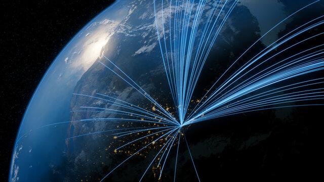 Earth in Space. Blue Lines connect Washington, USA with Cities across the World. Worldwide Travel or Business Concept.