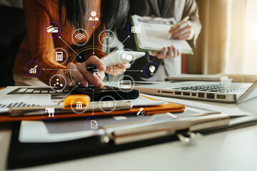 Business people discussing on performance revenue in meeting. businessman working with co-worker team. financial adviser analyzing data with investor.