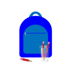 Blue school bag with school supplies isolated on  white background. Vector illustration.