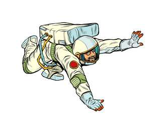 A happy astronaut flies in weightlessness, isolated on a white background. cosmos