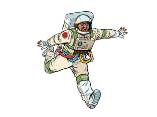 A happy astronaut flies in weightlessness, isolated on a white background. cosmos